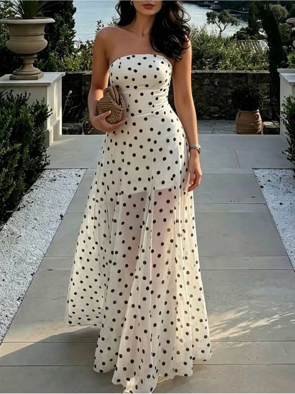 Strapless White Polka Dot Maxi Dress